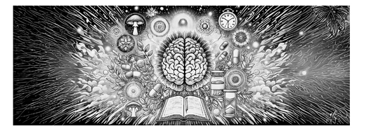 A detailed line drawing with a brain centered in the center of a radiating light with a journal, a clock, capsules and other symbols of good microdose support practices surrounding