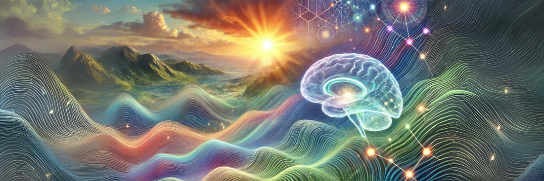Image of an energized brain against a background of a tranquil mountain landscape with a dawning sun and the mountains echoed in the foreground by subtle sine waves and molecular models