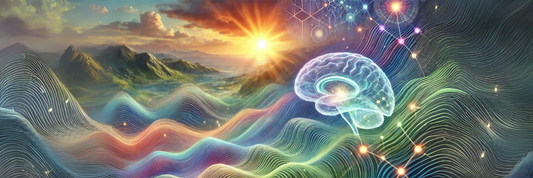 Image of an energized brain against a background of a tranquil mountain landscape with a dawning sun and the mountains echoed in the foreground by subtle sine waves and molecular models