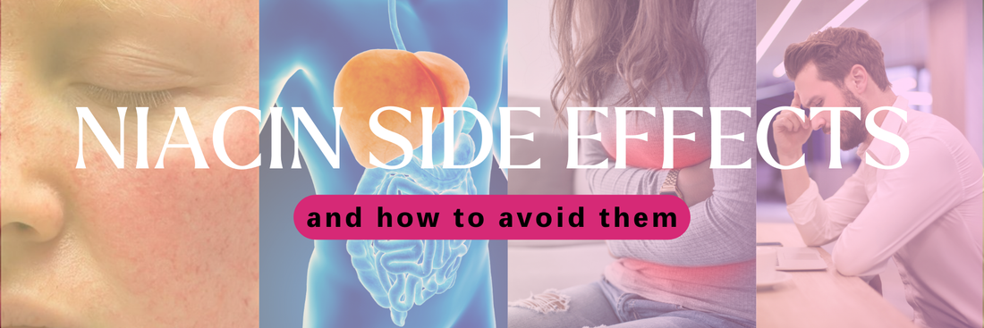 A collage view of the various potential side effects of niacin supplementation, including a woman with a stomach ache, a man with a headache, and a man with visible niacin flush